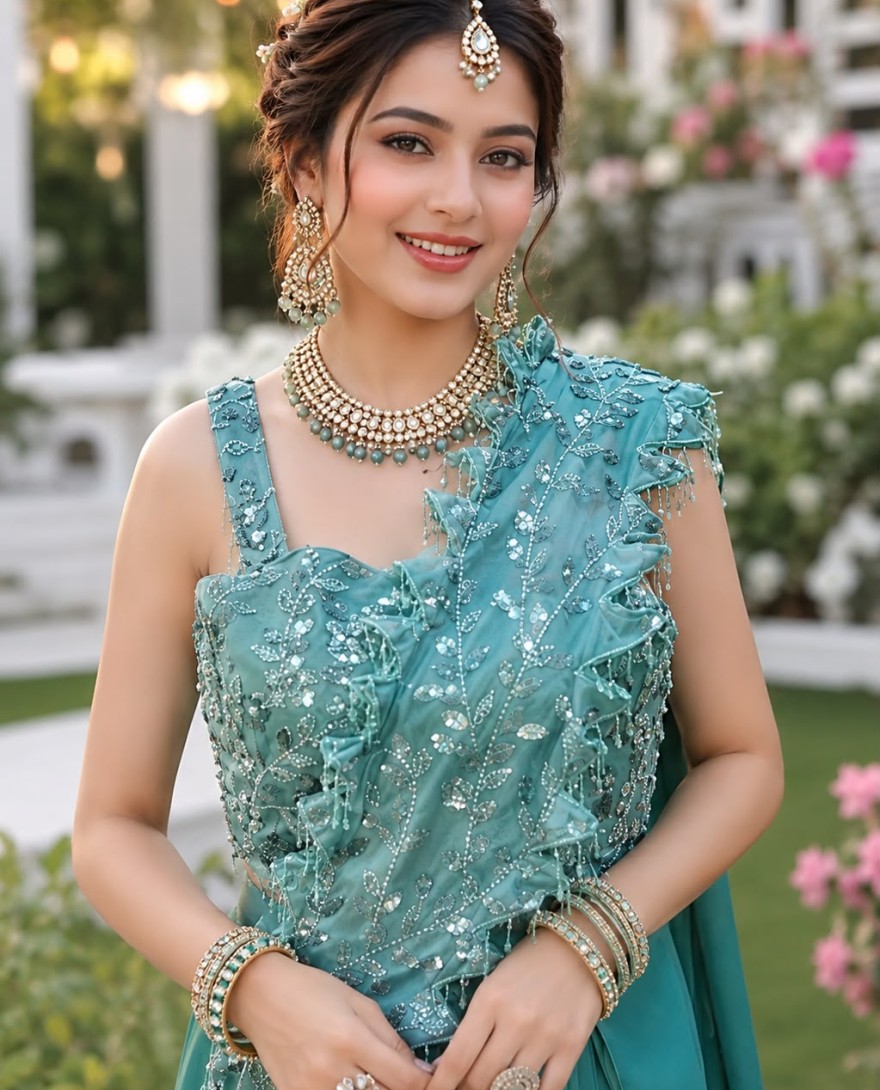 BLUE - Embroidered Work Georgette Contemporary Sari In Aqua Blue for Ceremonial